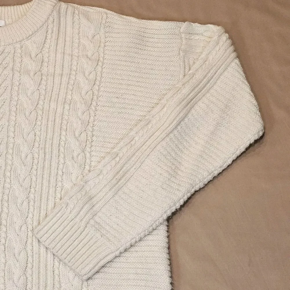 Uniqlo Cream Cable Knit Sweater Womens Chunky Wool Acrylic Blend Crew Neck Large
